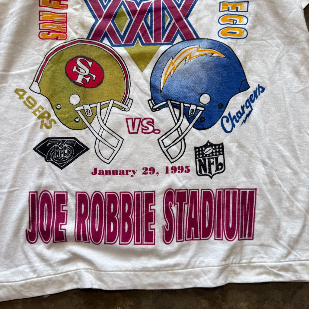 Size large - Vintage 1995 Super Bowl XXIX 49ers vs Chargers AOP Joe Robbie Stadium tee