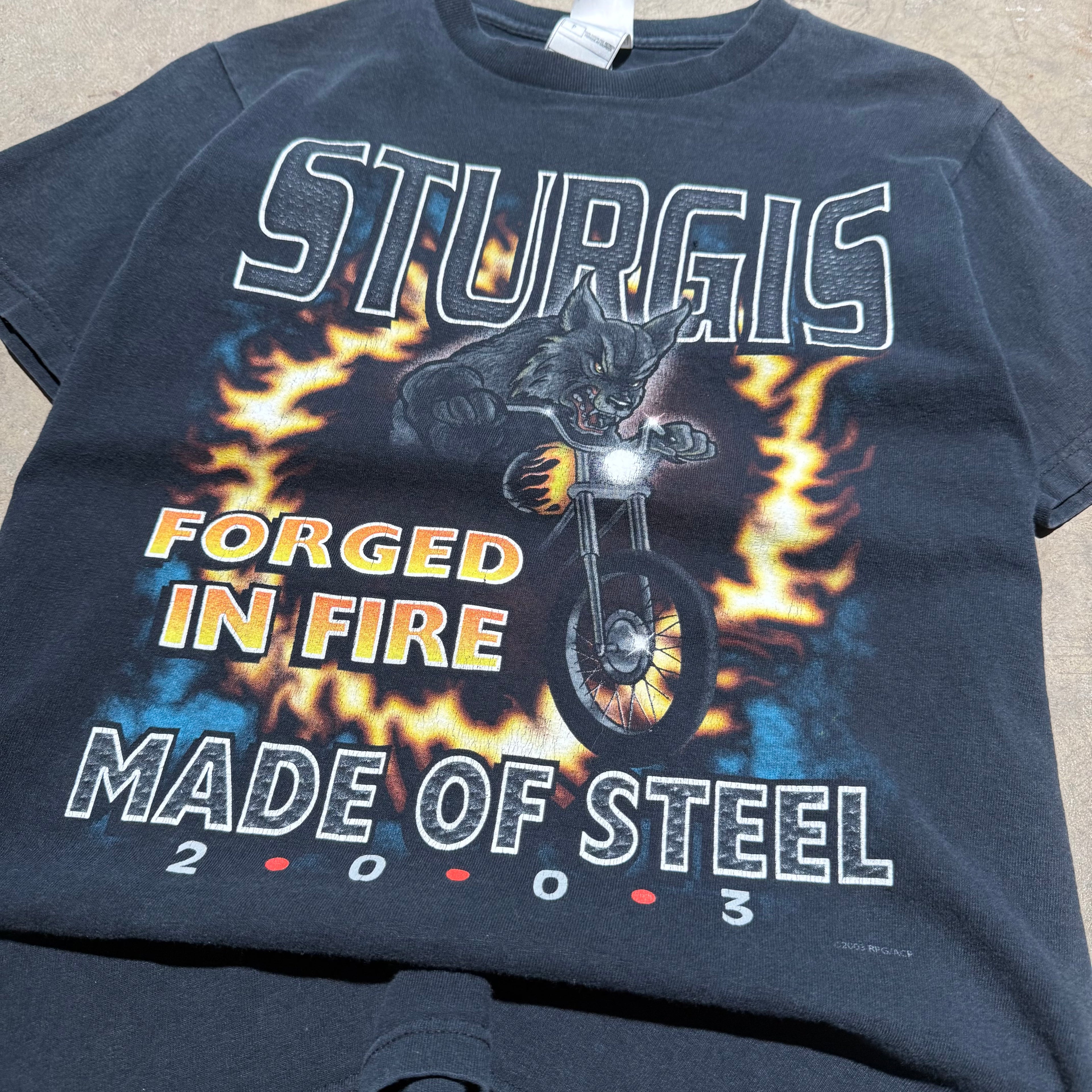 size small - Vintage ' 2003 Sturgis Forged in Fire Made of Steel ' Bike Tee