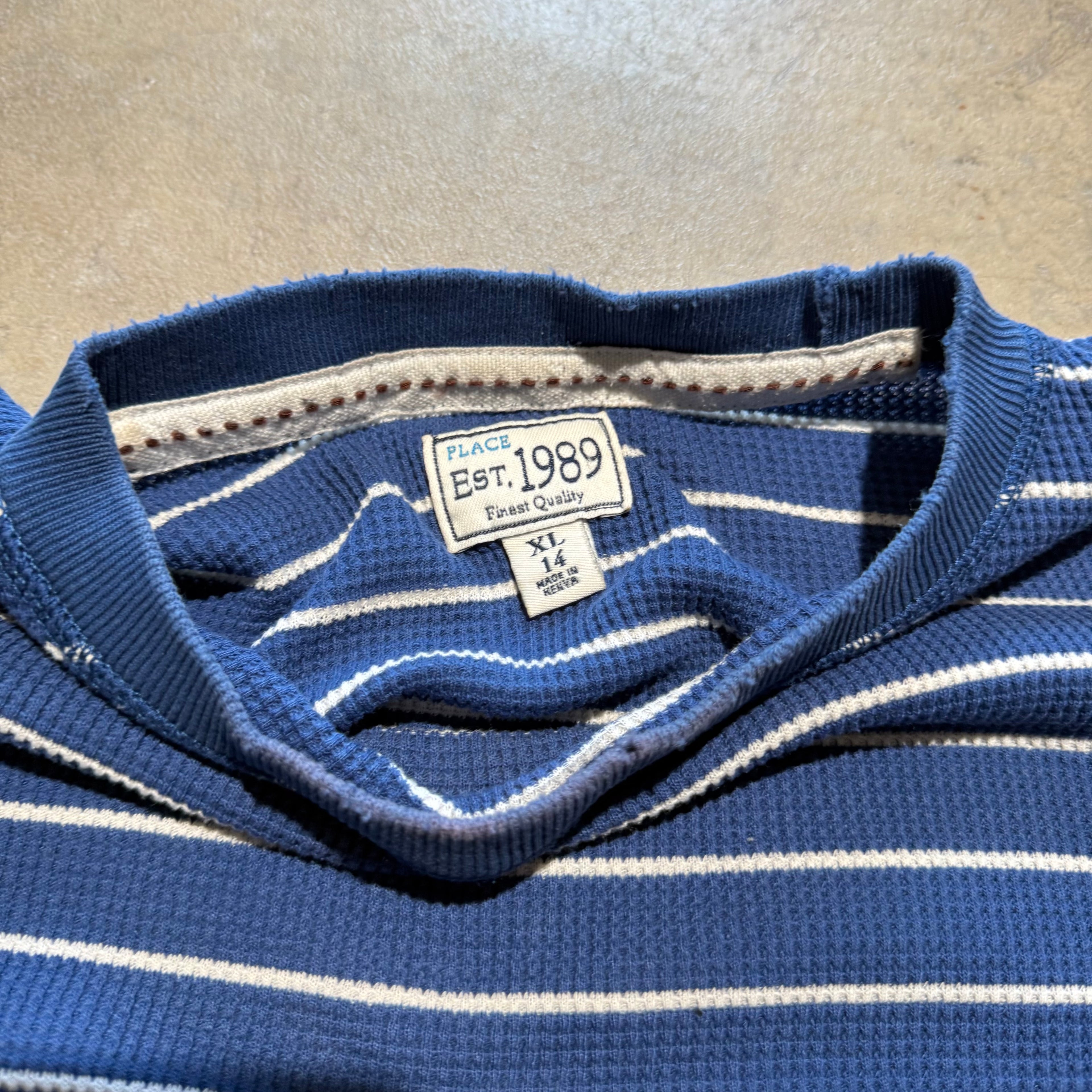 size large - Vintage ' Place Thermal Blue and white striped ' tee